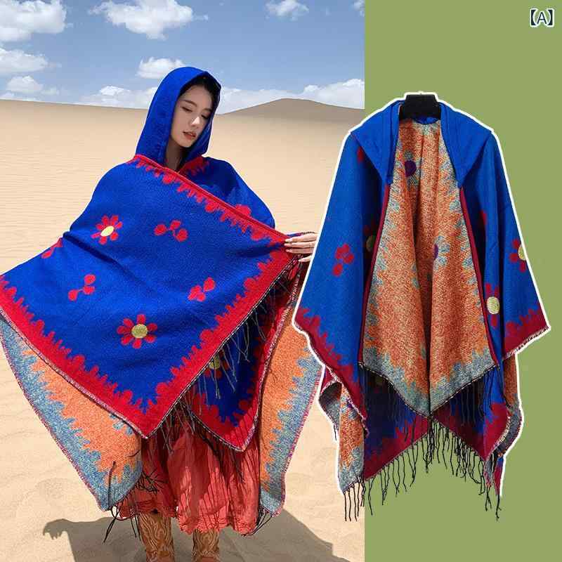 ポンチョ レディース フード付き スリット 2WAY ショール ストール 羽織り トラベル アウトドア キャンプ ポリエステル 保温 防寒 花柄 フリンジ レトロ エスニック 秋冬(x2)