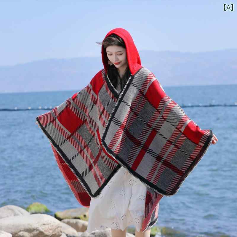 ポンチョ レディース 秋冬 厚手 暖かい 保温 フード付き 格子柄 ケープ ショール ストール マフラー 羽織り アウター 冷房対策 カジュアル エスニック アクリル フェイクウール