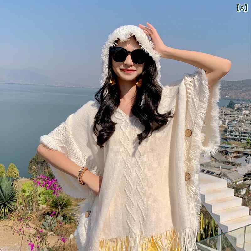 ショール レディース 女性用 民族風 エスニック 無地 ニット ポンチョ ケープ カーディガン 羽織り フ..