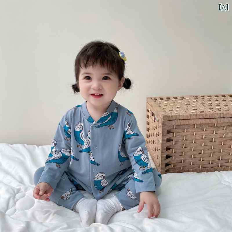 ロンパース ベビー服 男の子 女の子 男女兼用 長袖 春秋 綿 おしゃれ かわいい ブルー 鳥柄 欧米風 カバーオール つなぎ 幼児服 赤ちゃん服