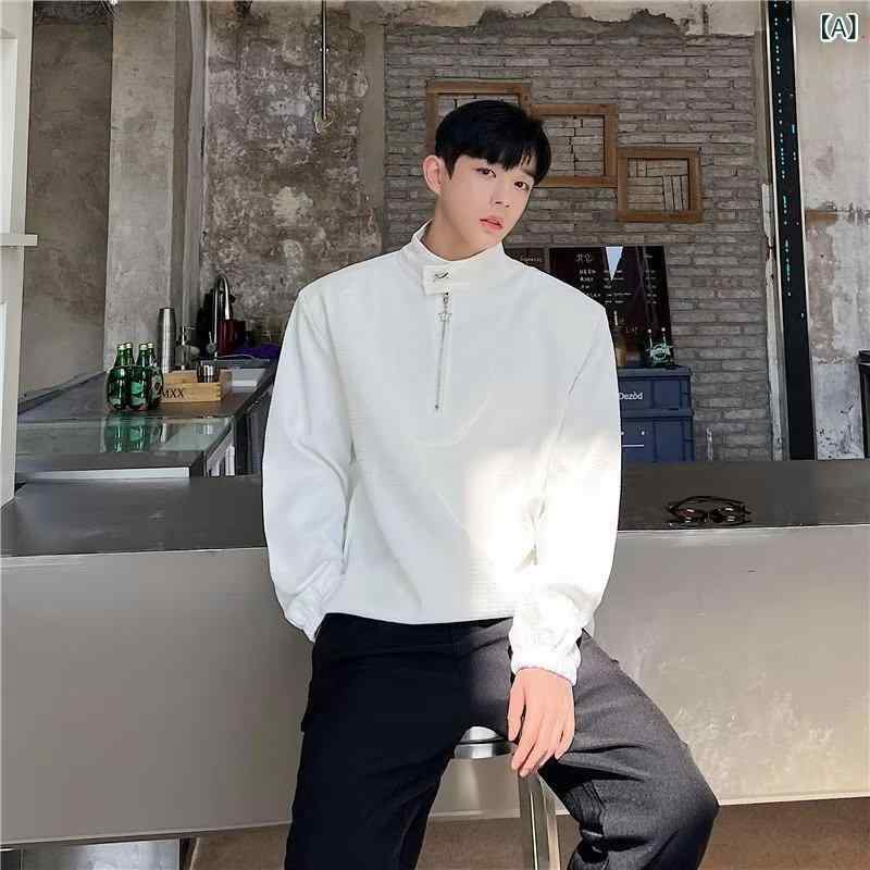 スウェット メンズ 韓国風 スタンドカラー ハーフジップ 薄手アウター 肩パッド入り 高級感 ゆったり ルーズフィット ストレートシルエット ポリエステル カジュアル 普段着 ブラック ホワイト 春秋