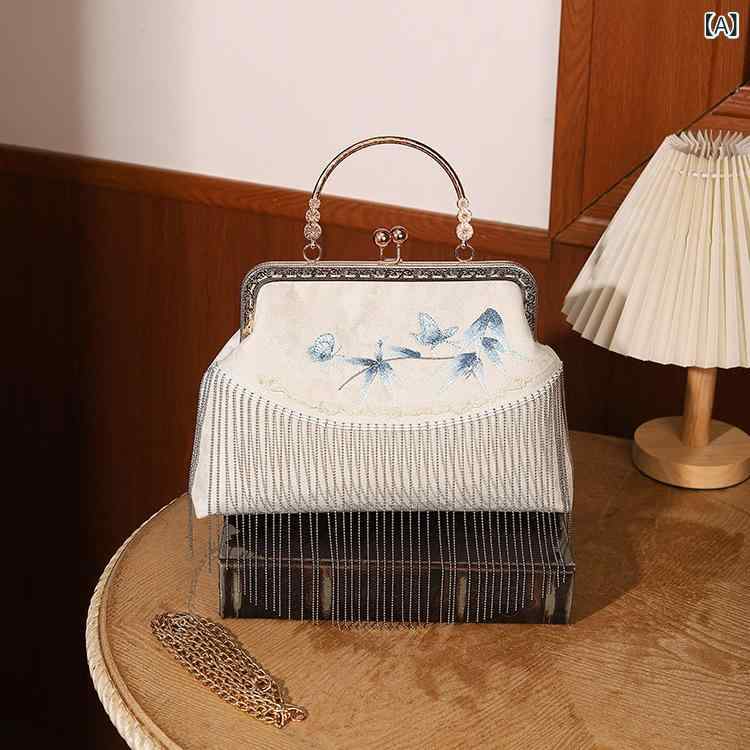 バッグ レディース 古風 オリエンタル 刺繡 フリンジ スクエア型 ミニ ハンドバッグ ショルダーバッグ 手提げ鞄 チェーン ロック金具 パーティー フォーマル デイリー 普段使い ポリエステル素材