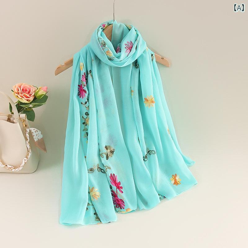 ストール レディース 綿麻 刺繍 民族風 日よけ 大判 ロング 薄手 ガーゼ ショール 高品質 レトロ アンティーク風 ボヘミアン チャイナ風 文芸風 速乾 保温 手作り しわ加工(x2)