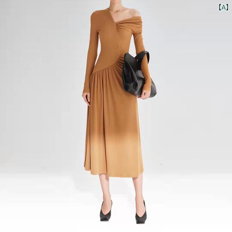 ワンピース レディース オフショルダー アシンメトリー プリーツ ニット ロング丈 長袖 ハイウエスト ストレッチ コットンポリエステル 秋冬 カジュアル 上品スタイル