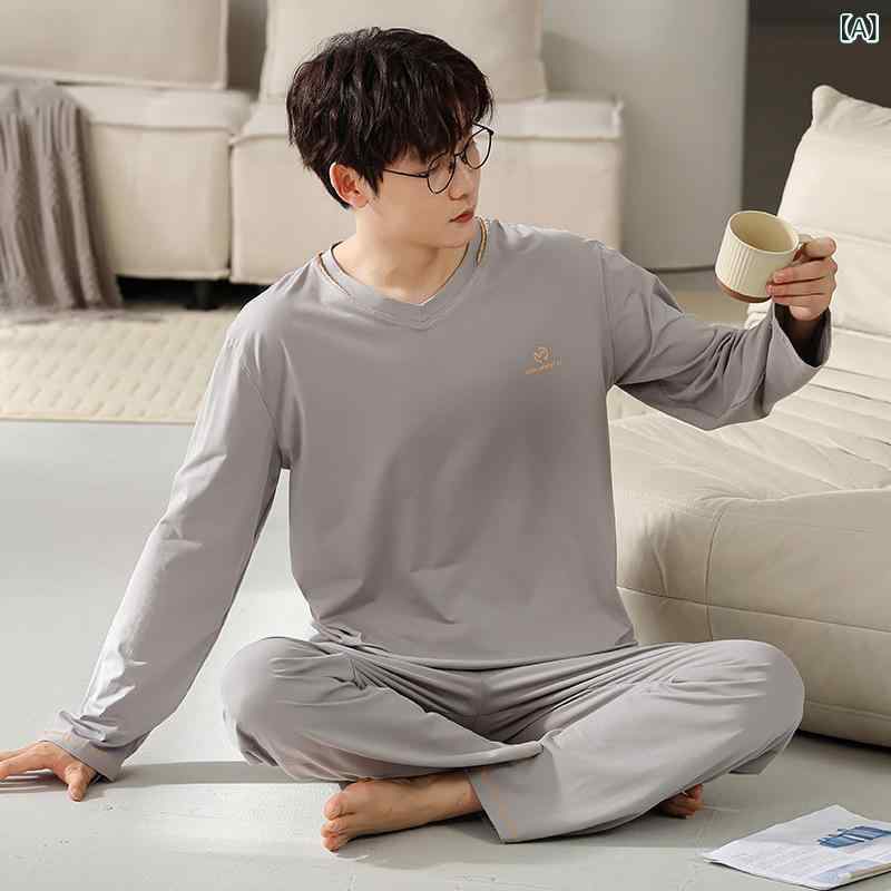 セットアップ メンズ 男性用 長袖 モダール ポリエステル 大きいサイズ ゆったり 春秋 ルームウェア パジャマ 部屋着 外出兼用 通気性 快適 クルーネック ロングパンツ