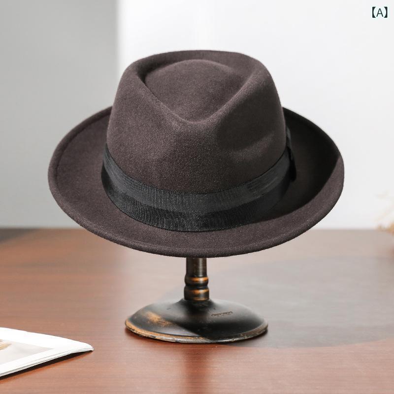 ハット 男女兼用 秋冬 ブリティッシュスタイル フェルトハット 紳士帽 中折れ帽 ショートブリム ウール素材 保温 防寒 通気性 防風性 ブラウン グレー ブラック ベージュ キャメル