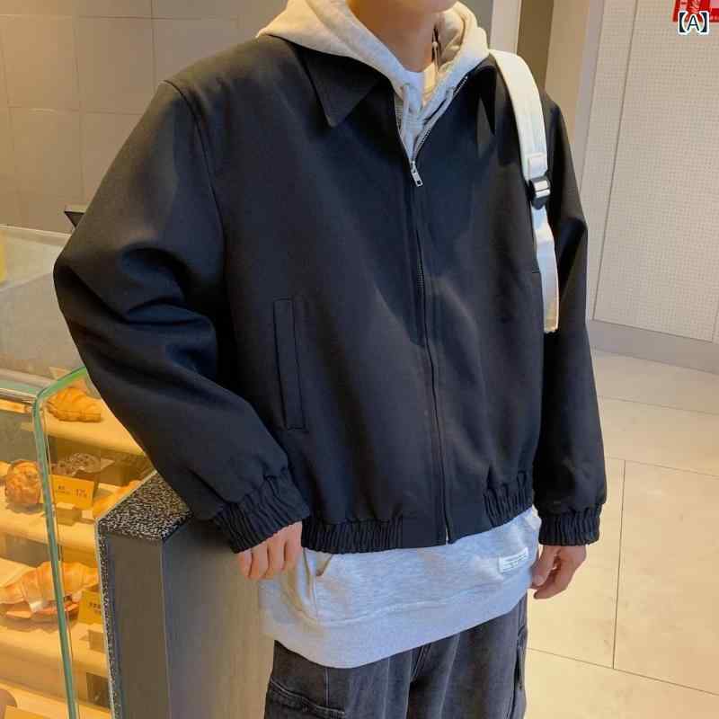 ジャケット メンズ 男性用 日系 レトロ 肩パッド入り ショート丈 襟付き 高級感 フライトジャケット ゆったり カジュアル 普段使い タウンユース 防シワ加工 ポリエステル素材 耐摩耗性 ブラック グリーン 秋冬 トレンド