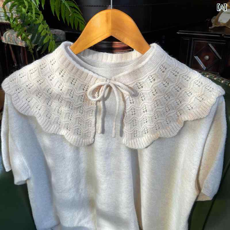 付け襟 レディース 女性用 透かし編み レース フリル ピーターパンカラー ニット ショール 秋冬 重ね着..