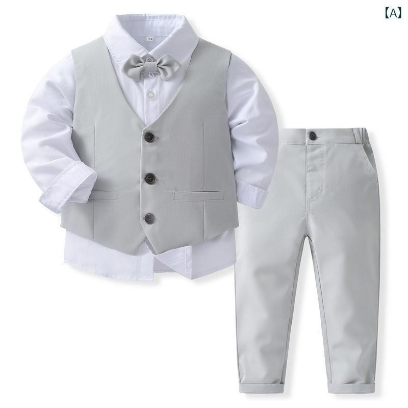 キッズ 男の子 スリーピーススーツ フォーマル 礼服 紳士服 春物 欧米風 パンツスーツ 長袖 綿素材 柔らかい 無地 セレモニー 結婚式 入学式 発表会 シングルボタン