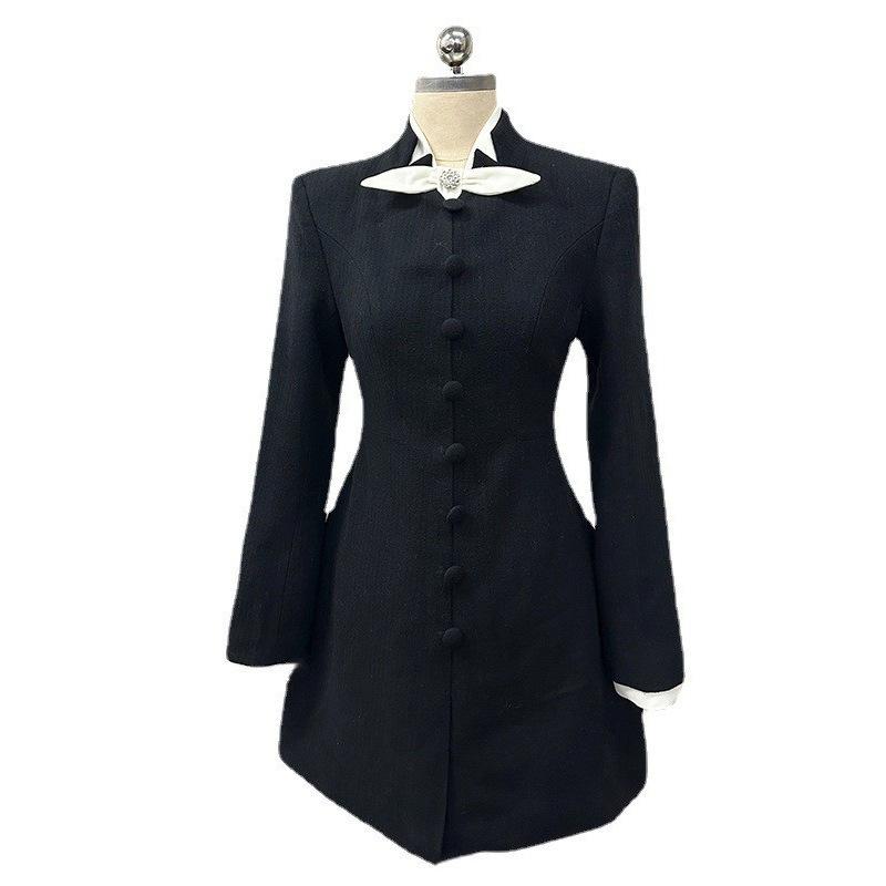 ワンピース レディース レトロ 個性的なデザイン 上品 きれいめ スタンドカラー 長袖 ハイウエスト ウエストマーク 細見え Aライン ショート丈 ブラック 通勤 オフィス 普段使い ポリエステル 無地 切り替え リボン(x2)