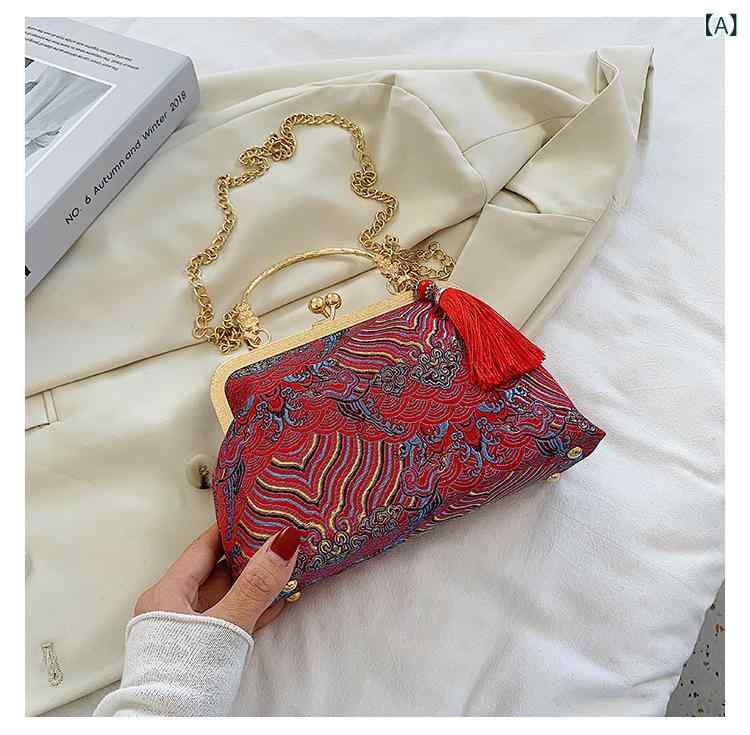 バッグ レディース 中華民族風 刺繍 漢服 レトロ 上品 円筒形 ミニハンドバッグ ショルダーバッグ ポリエステル チェーン ロック金具 普段使い デイリーユース