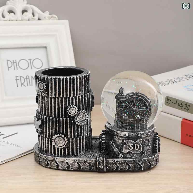 置物 レトロ アンティーク調 エッフェル塔 水晶球 LEDライト付き ペン立て ペンホルダー 卓上収納 デス..