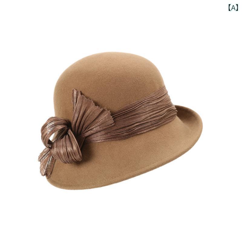 フェルトハット レディース 女性用 秋冬 ウール フレンチシック 上品 エレガント リボン レトロ クラシック 丸型 通気性 保温 防風 万能 デイリーユース ダークキャメル モーヴ ブラック
