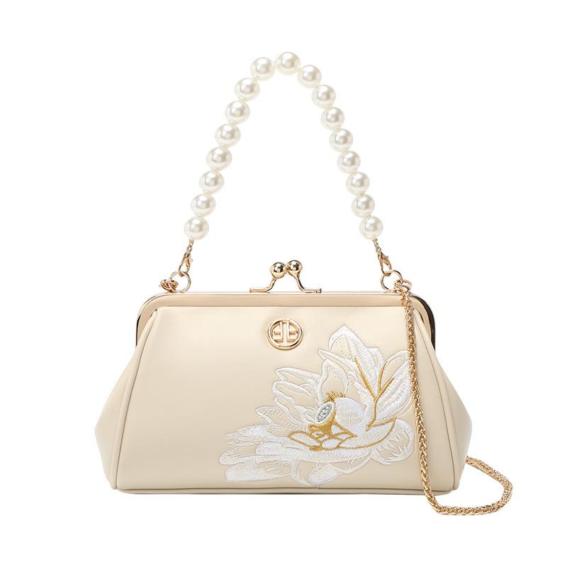 バッグ レディース ハンドバッグ ショルダーバッグ 斜め掛け ミニバッグ ポシェット 民族風 エスニック 刺繍 チャイナドレス風 フェイクレザー 合皮 チェーンバッグ ホワイト 普段使い 携帯ポケット ファスナーポケット