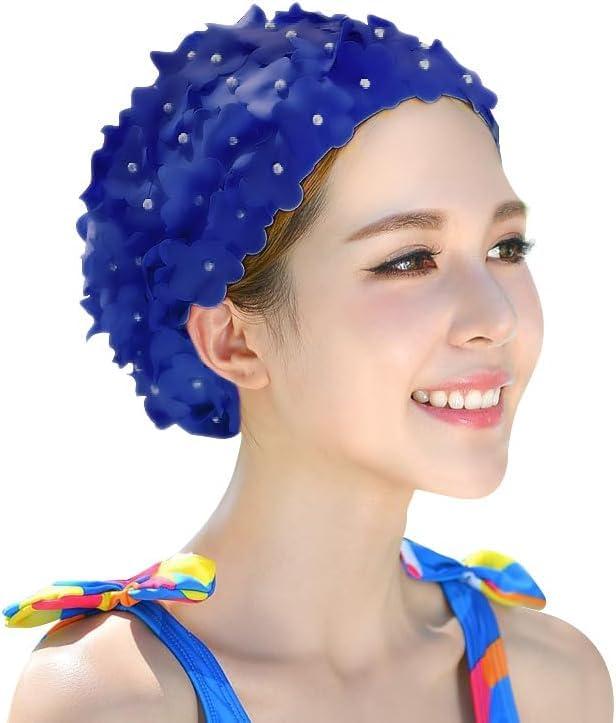 スイムキャップ レディース 水泳帽子 花びら パール付き プール帽子 可愛い 女性用スイミングキャップ 吸い汗 通気 伸縮性 ナイロン帽子 ロングヘア対応 ゆったり 水着帽子 海水浴 温泉 フ