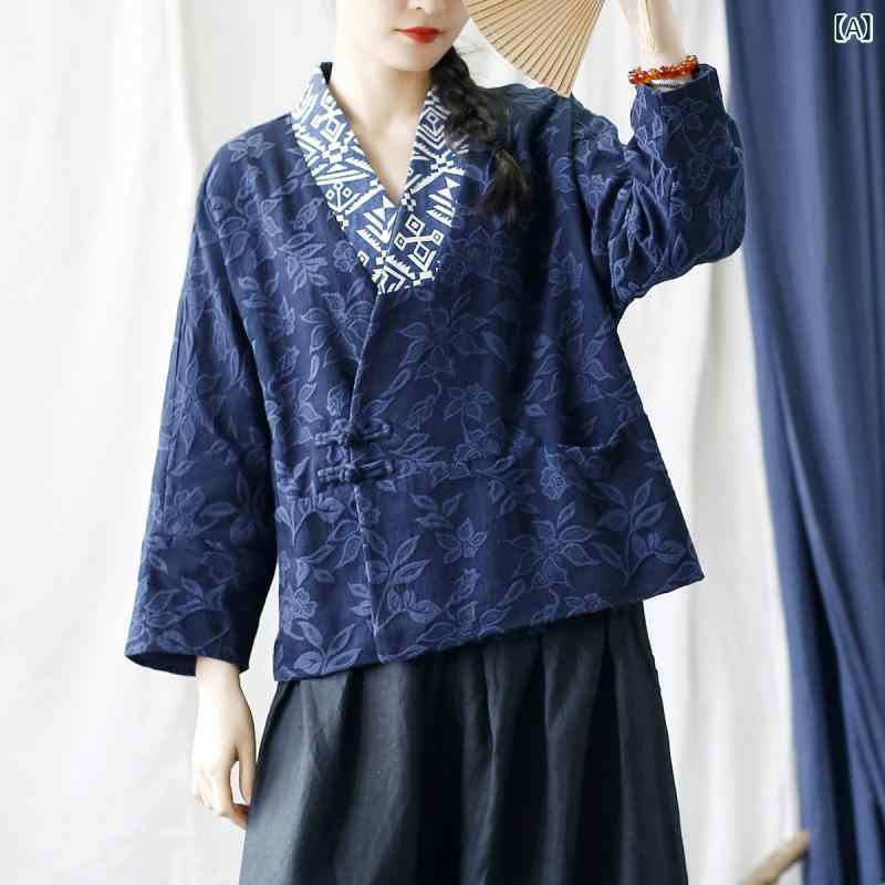 Other Jackets Jumpers - アウター レディース 春夏 レトロ ゆったり オーバーサイズ ウォッシュ加工 切り替え 花柄 ジャカード織り チャイナボタン 綿麻 長袖 Vネック ブルー 羽織り カジュアル 着回し