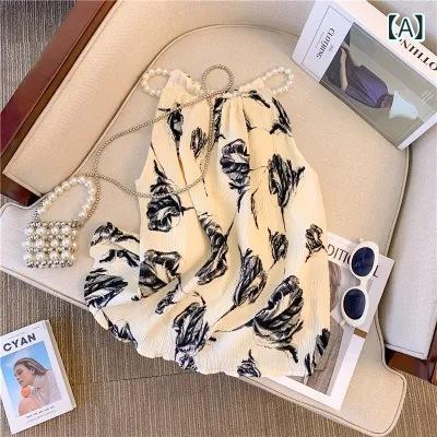 キャミソール タンクトップ レディース 女性用 ホルターネック パールチェーン 水墨画風 花柄 プリーツ シフォン ゆったり プルオーバー ブラウス トップス 切り替え 甘め フェミニン 春夏 ポリエステル ベージュ ブラック 通勤 普段使い