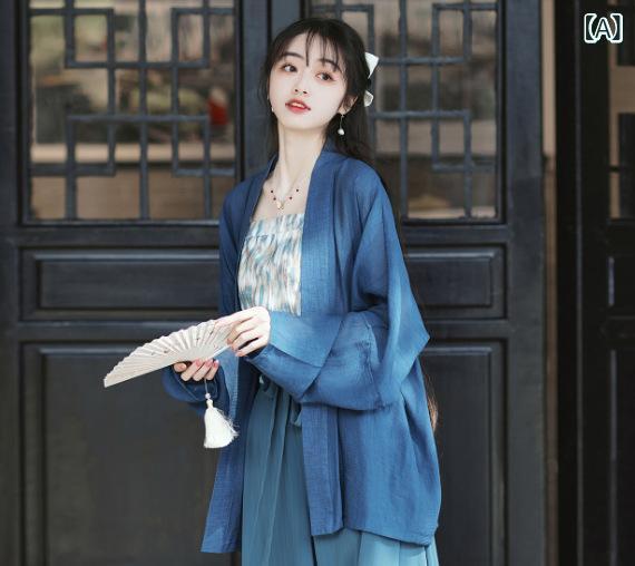 セットアップ レディース 中華風 茶道服 宋代風 改良 漢服 カーディガン キャミソール ワイドパンツ カジュアル 通勤 春夏 ポリエステル 綿混 ブルー系
