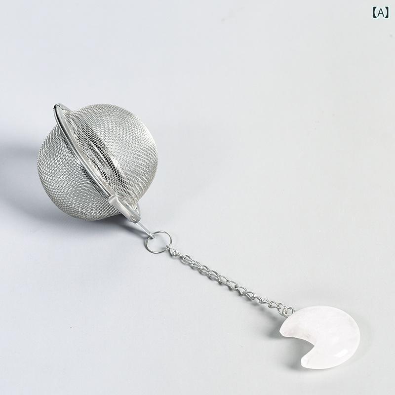 茶こし 天然石 月モチーフ ステンレス 網状 チェーン付き ティーインフューザー だしパック 調味料入れ スープ 鍋物用 白水晶 粉水晶 黒曜石 虎眼石 藍紋石 緑東陵