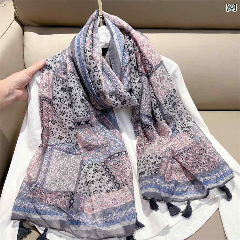 ストール ヴィンテージ エスニック 大判 ロング フリンジ 幾何学 ペイズリー柄 プリント UVカット 日よけ 保温 旅行 防寒 普段使い ポリエステル 肌触り柔らか ショール スカーフ ブルーグレー ピンク ファッション小物