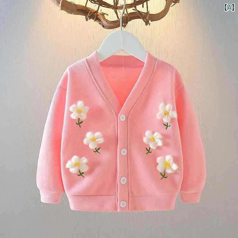 Cardigans - ニットカーディガン 女の子 ベビー ガールズ 春秋冬 綿混 Vネック 長袖 上品 おしゃれ かわいい お嬢様風 フェミニン 韓国風 普段使い ピンク 黄色(x2)