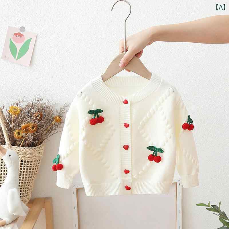 ニットカーディガン 女の子 ベビー キッズ ガールズ チェリー柄 サクランボ柄 丸首 長袖 前開き 韓国風 アクリル素材 柔らかい 肌触り良い 秋冬春 カジュアル おしゃれ 子供服 アウター トップス