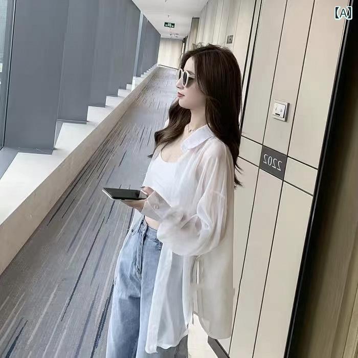 シャツ レディース 韓国風 ゆったり ルーズフィット 紫外線対策 UVカット シフォン 再生繊維 薄手 ミド..