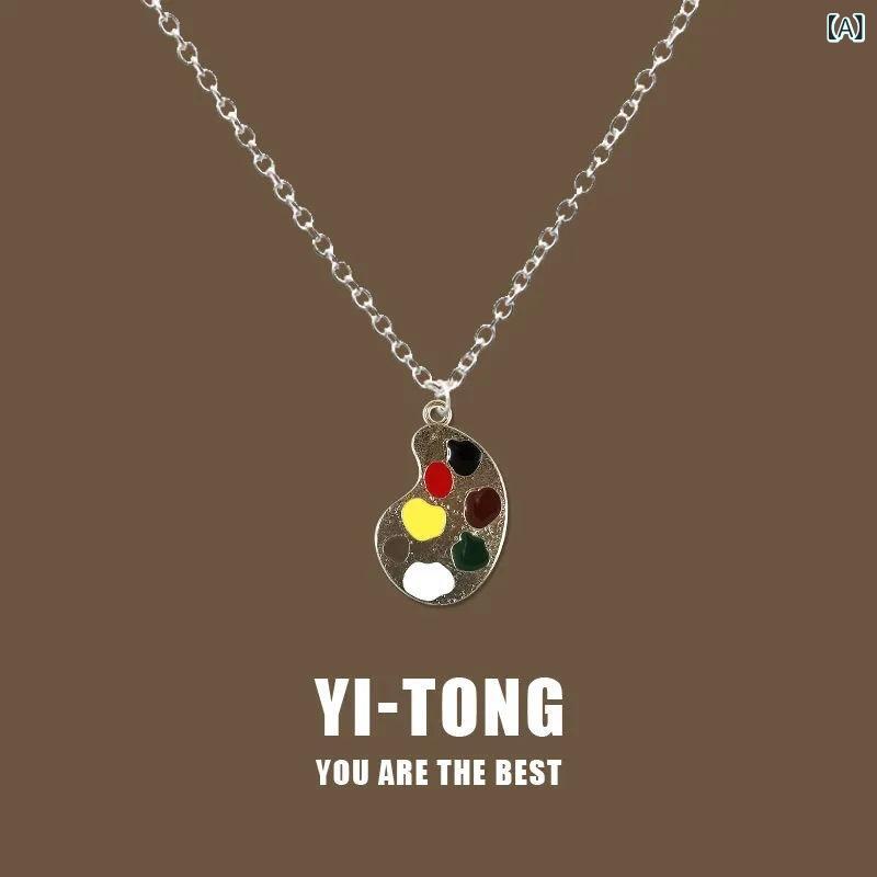 ネックレス 男女兼用 学生 パレットモチーフ かわいい シンプル クリエイティブ ファッション 合金製 ..