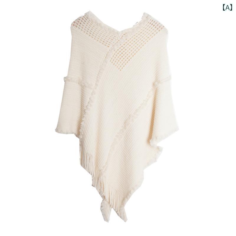 ポンチョ レディース プルオーバー ドルマンスリーブ ニット トップス ミドル丈 透かし編み フリンジ ..