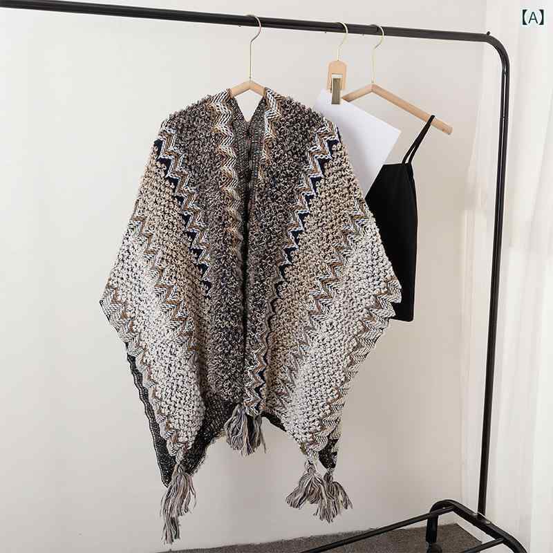 ショール レディース 女性用 大判 民族風 ニット ポンチョ ストール ケープ フリンジ 秋冬 防寒 保温 羽織り アクリル フェイクウール
