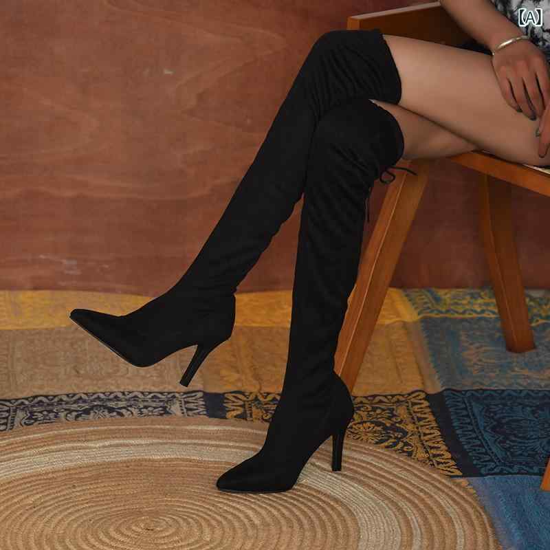ブーツ レディース ニーハイブーツ ロングブーツ スエード調 ストレッチ ポインテッドトゥ 細ヒール ハイヒール ヒョウ柄 アニマル柄 バックレースアップ セクシー エレガント 大きいサイズ 秋冬 防滑 耐摩耗性