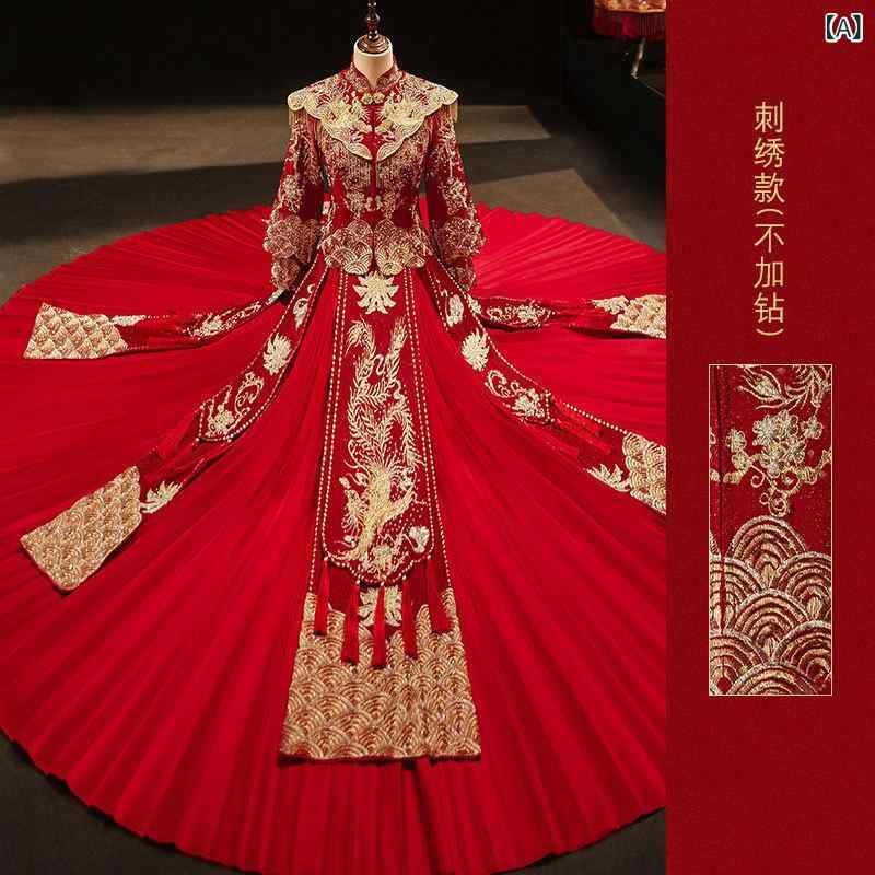 Rakuten - チャイナドレス レディース 中華風ウェディングドレス ショール付き 龍鳳柄 刺繍 豪華 高級感 花嫁 婚礼衣装 結婚式 披露宴 お色直し ロング丈 長袖 スタンドカラー ポリエステル 春夏
