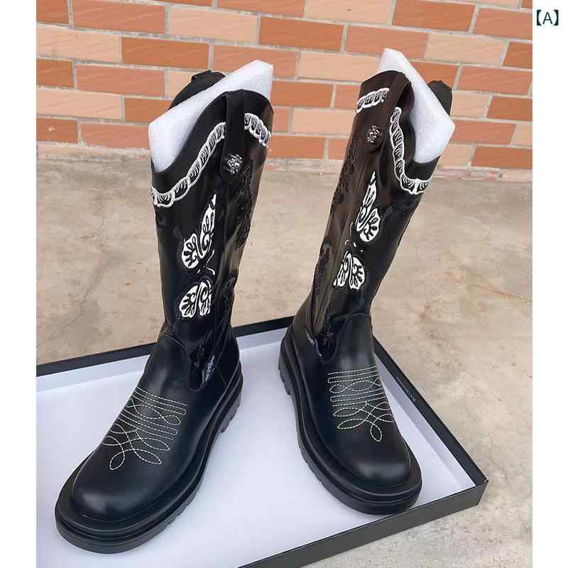 ブーツ レディース ジョッキータイプ ウエスタン調 ミドル丈 厚底 刺繍 プルオン ラウンドトゥ チャンキーヒール 美脚 通気性 滑り止め 保温性 シープボア ウール混 裏起毛 カジュアル エスニック 秋冬春