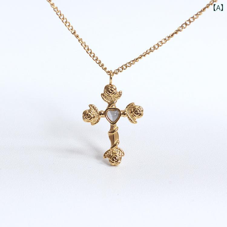 ネックレス レディース クロス 十字架 チタン鋼 ステンレス ゴールド ストーン 猫目石 シンプル クール..