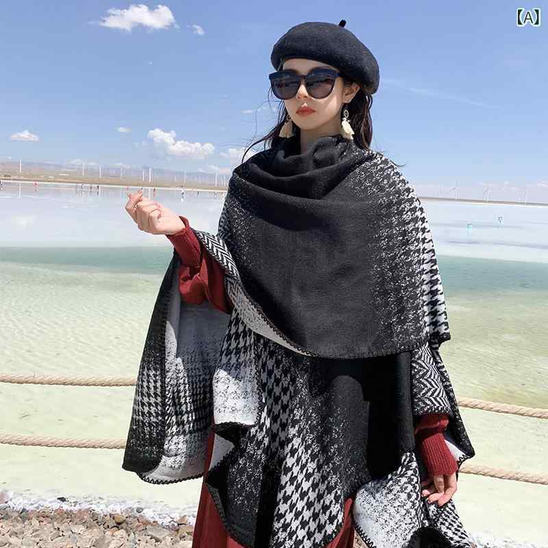 ポンチョ レディース 韓国風 スリット入り 厚手 ロング丈 秋冬 防寒 保温 旅行 着回し ショール ストール ケープ 羽織り 冷房対策 レトロ エスニック 民族風 プリント柄 アクリル素材 ウールライク