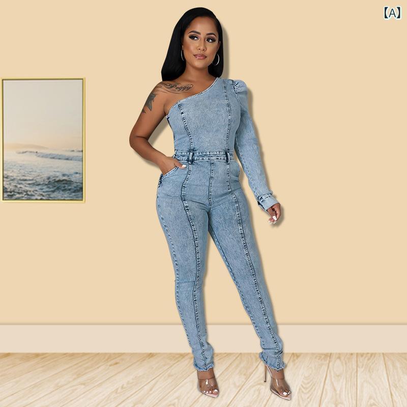 コンビネゾン オールインワン レディース 女性用 デニム ジーンズ 片袖 オフショルダー 塩洗い加工 長..