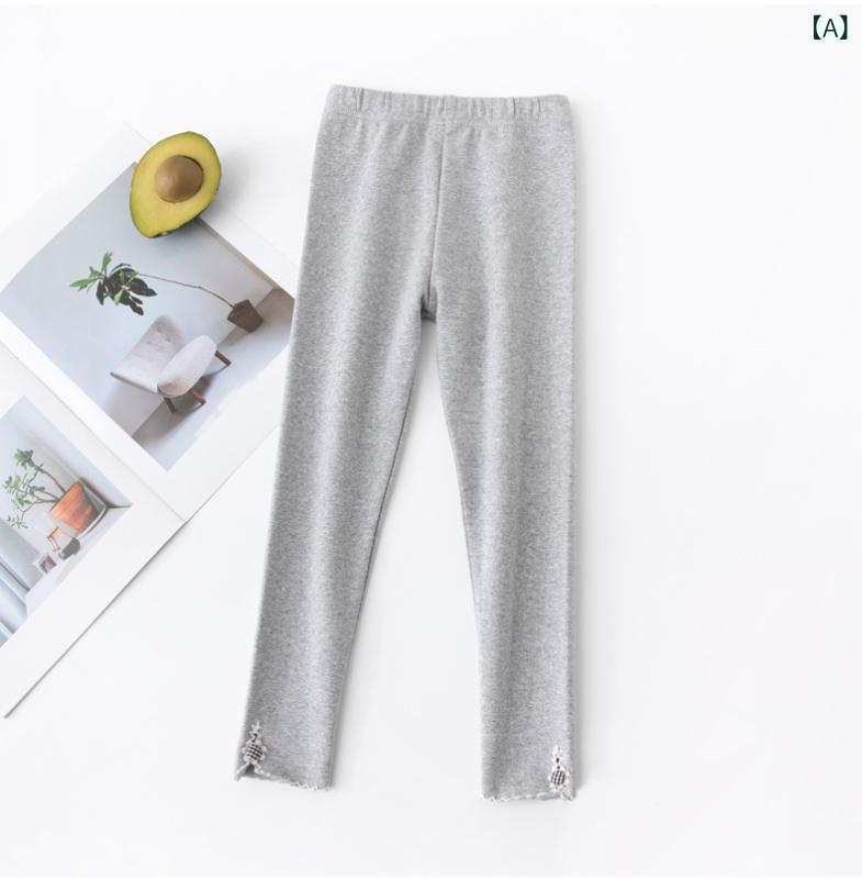 キッズ 女児 春夏 韓国ファッション スリット ボタン付き 綿混 レギンス スパッツ 快適 ストレッチ 無地 ロングパンツ ボトムス ミドルウエスト ウエストゴム 普段使い お出かけ グレー 黒 ピンク