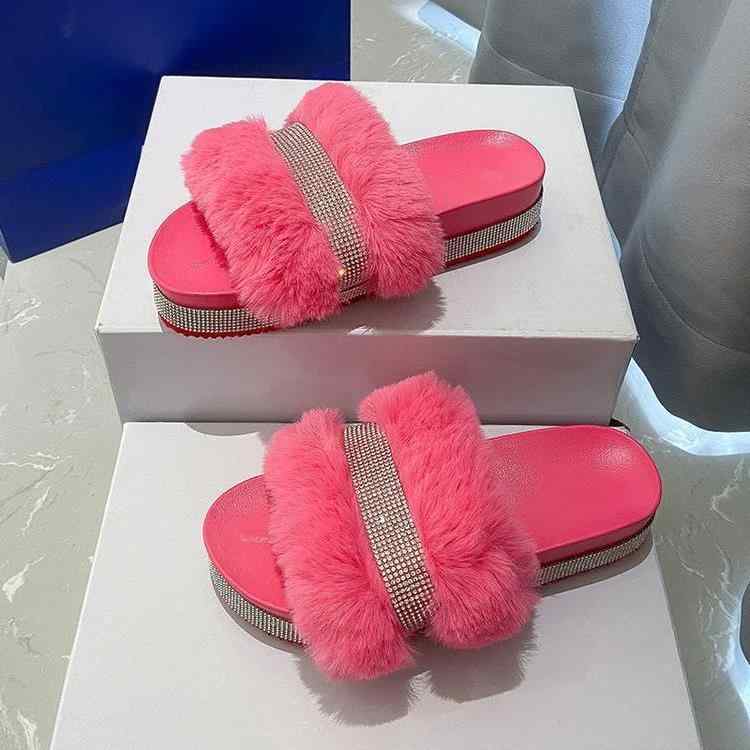 サンダル レディース 女性用 ファー 厚底 ラインストーン ビジュー ワンストラップ フラット 欧米風 カジュアル 冬 外履き