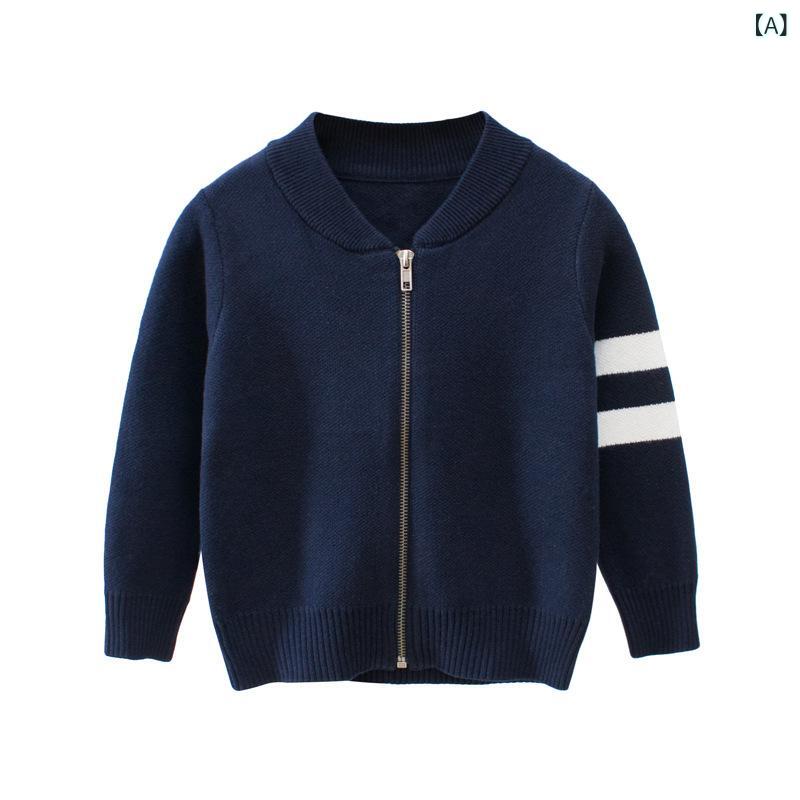 Cardigans - キッズ 男の子 女の子 男女兼用 セーター ニット カーディガン 韓国風 ジップアップ 長袖 丸首 無地 綿100% コットン 春秋冬 トップス アウター 普段使い 通園 通学
