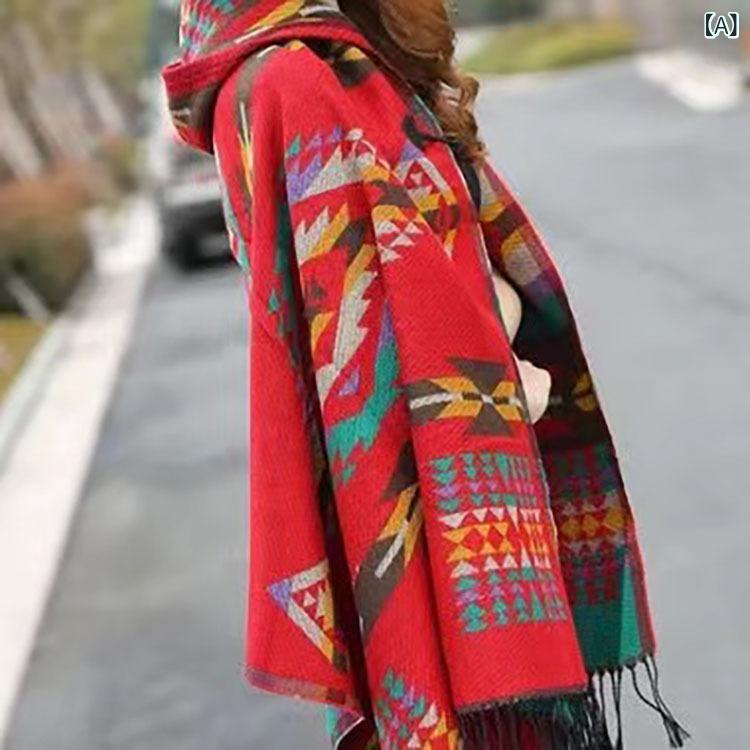 ポンチョ レディース 女性用 メキシコ風 ボヘミアン エスニック 民族風 レトロ フード付き カシミヤタッチ ニット ケープ ショール ストール 冷房対策 防寒 幾何学模様 切り替え トラベル 秋冬春
