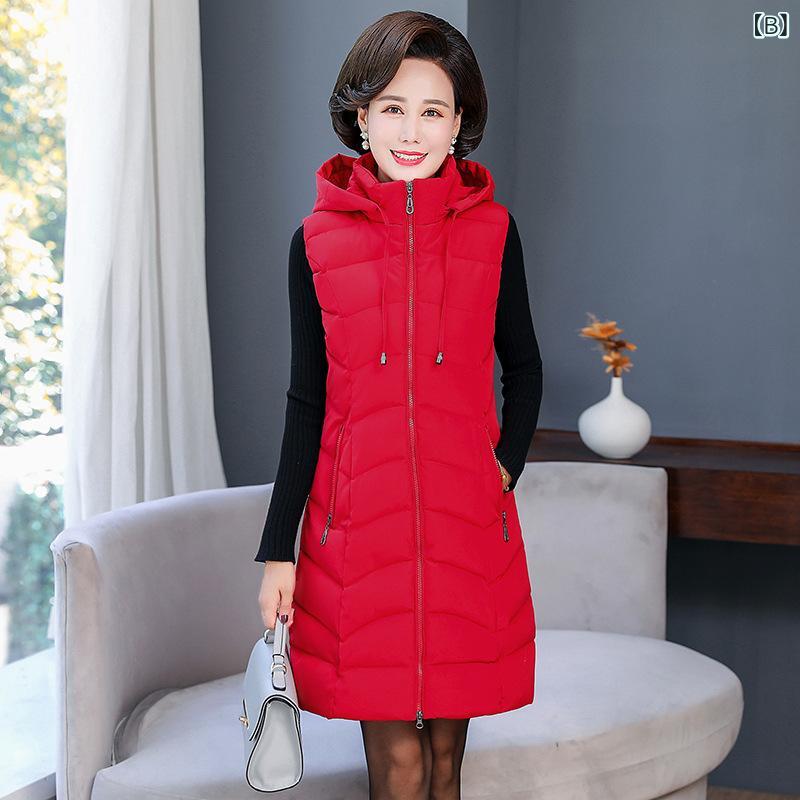 narukiのベスト レディース ミセス ママ 中綿 ジレ フード付き 秋冬 防寒 あったか 大きいサイズ ゆったり ミドル丈 体型カバー カジュアル｜アングル2