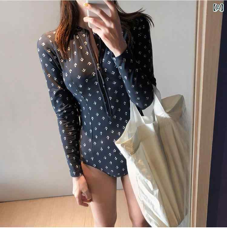 水着 レディース 女性用 セクシー スリムフィット スタイルアップ 体型カバー お腹カバー 細見え UVカット 紫外線対策 日焼け防止 ドット柄 水玉模様 長袖 ジッパー ファスナー ワンピース オールインワン 春夏