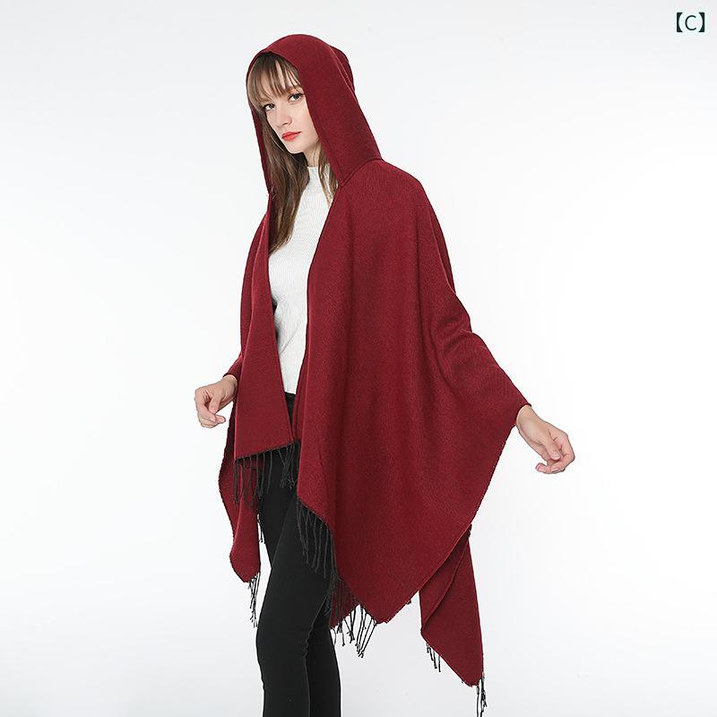 ポンチョ レディース フード付き ケープ ショール ストール フェイクカシミヤ 無地 厚手 暖かい 防寒 やわらか 秋冬 欧米風 民族調 旅行 カジュアル 体型カバー