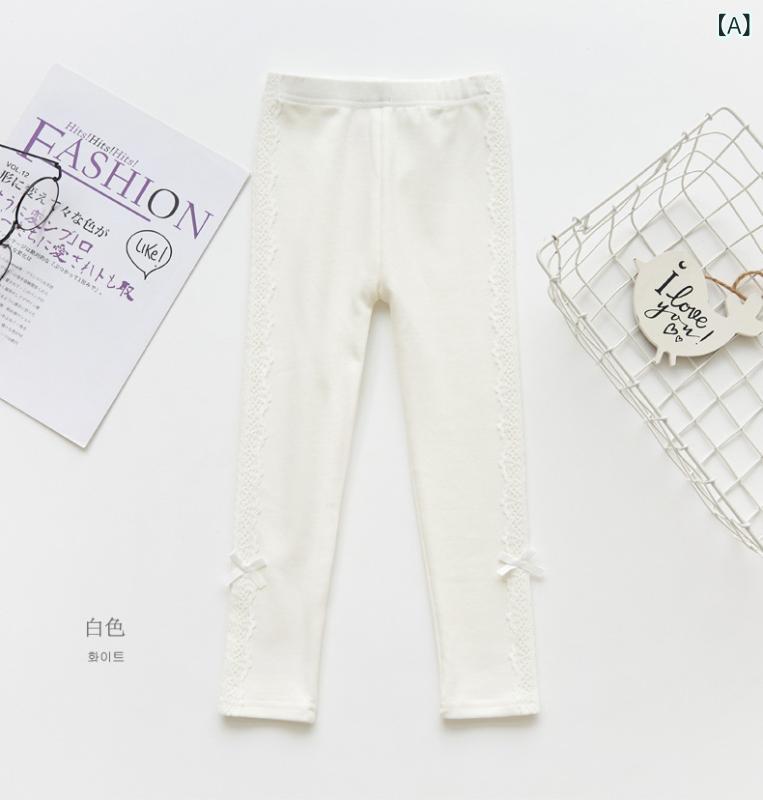 レギンス キッズ 女の子 春秋 韓国風 レース リボンデザイン 綿素材 コットン スパッツ やわらか 快適 ミドルウエスト 普段使い 通園 通学 ボトムス ロングパンツ ホワイト グレー ブラック ピンク