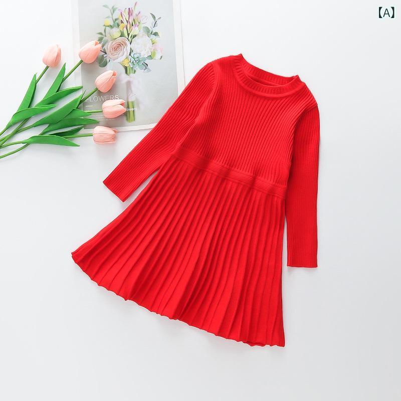 ニットワンピース 女の子 キッズ 子供 かわいい プリンセス風 秋冬 柔らかな肌触り ラビットファー 長袖 プルオーバー 丸首 無地 ミドル丈 レッド グレー