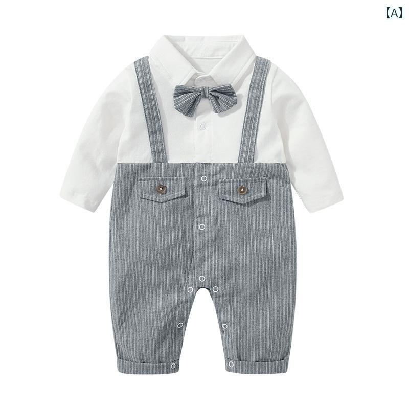 ロンパース 男の子 ベビー 新生児 1歳 紳士風 襟付き フェイクサスペンダー 切り替え 長袖 綿 グレー 春秋 前開き スナップボタン カバーオール 韓国子供服 お出かけ フォーマル