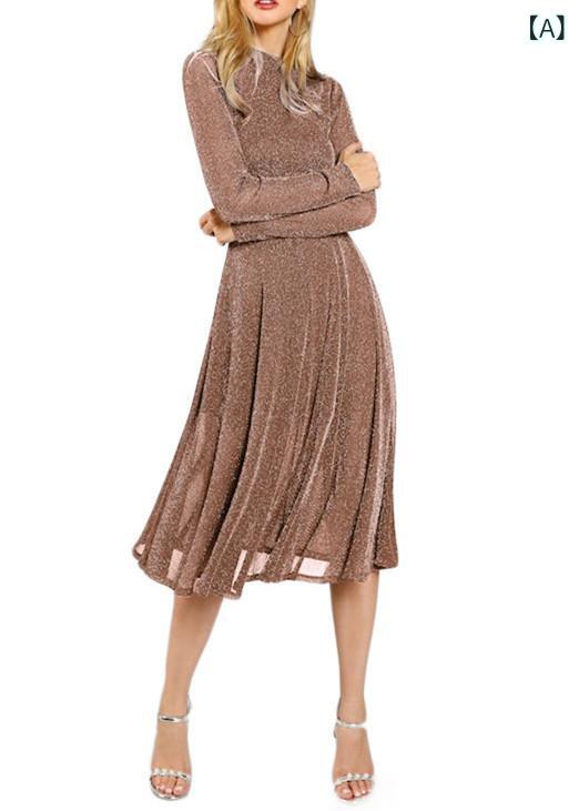 ワンピース レディース セクシー レース メッシュ 切り替え Aライン フレア ミモレ丈 ハイネック ハイ..