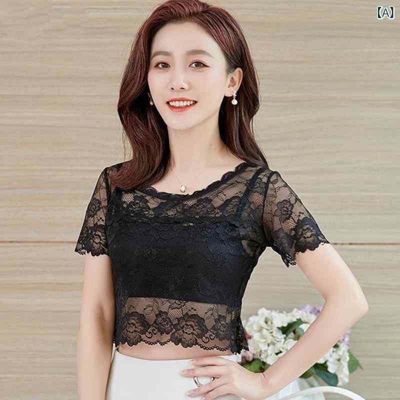 樂天商城 - レースTシャツ レディース ショート丈 ヘソ出し ラウンドネック 半袖 透かし編み セクシー スリムフィット インナー 春夏 トップス カットソー カジュアル ナイロン ブラック ホワイト