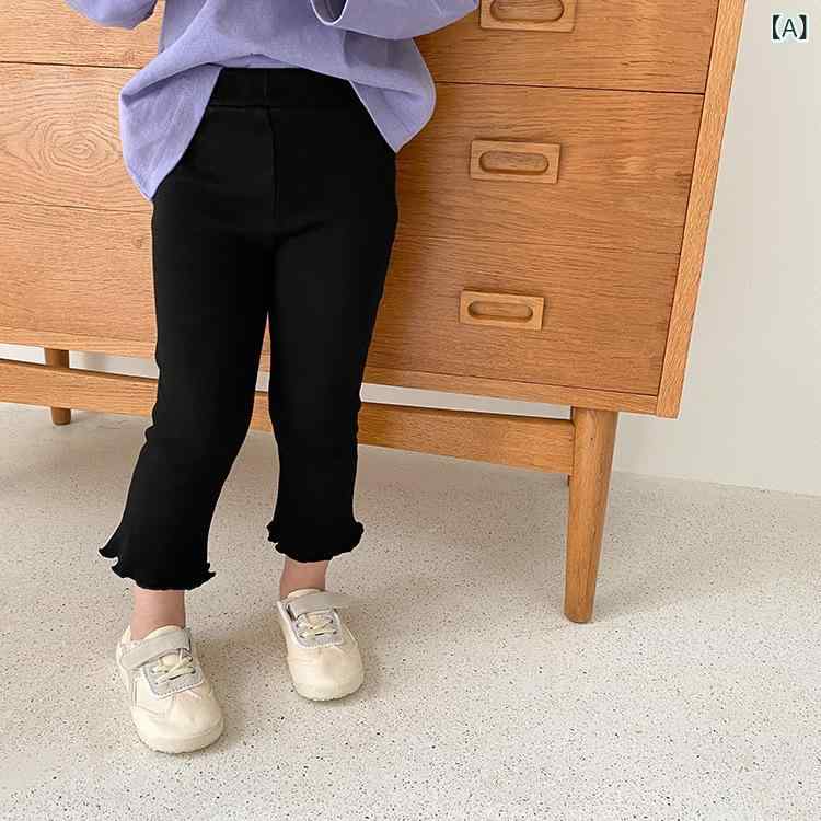 童パンツ 女の子 韓国風 フレアパンツ 細身シルエット 高伸縮性 リブニット フリル レース チェック柄 ..