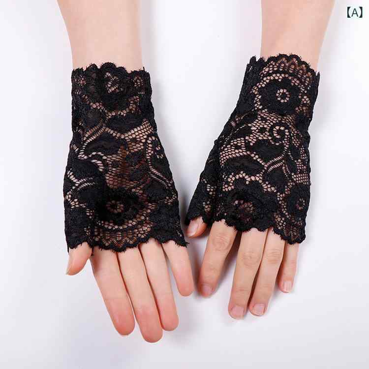 手袋 レディース レース グローブ 薄手 通気性 UVカット 紫外線対策 ロング 指なし ハーフフィンガー ..